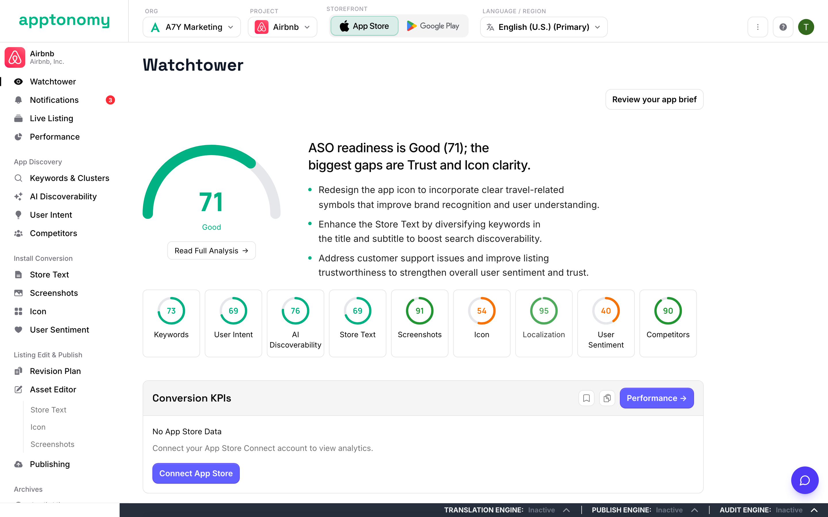 Apptonomy audit screen showing per-engine scores and pillar breakdowns.